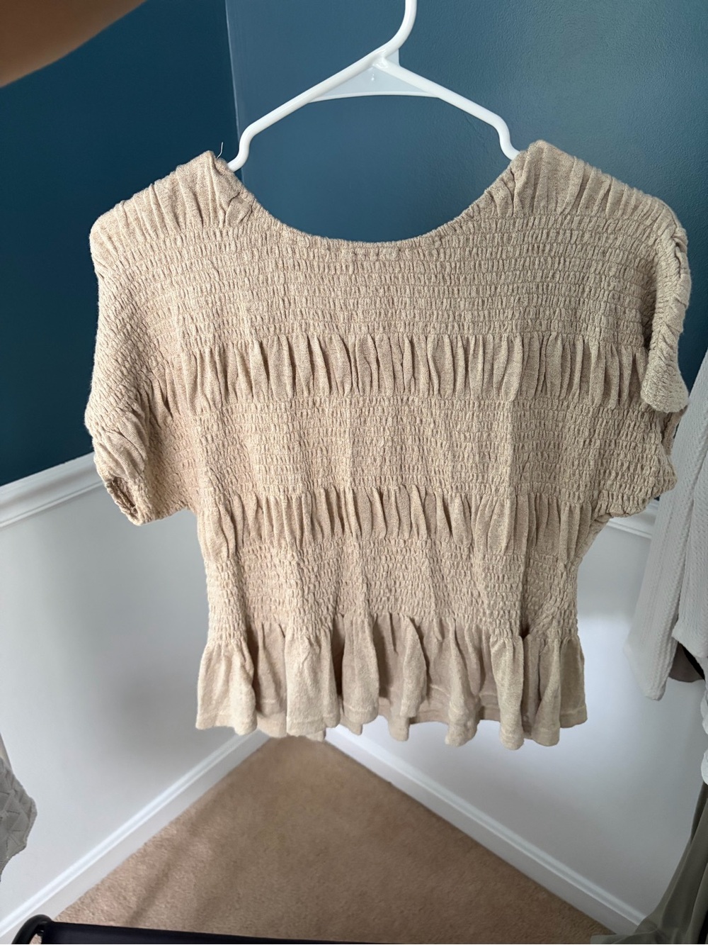 Neuflora Beige Smocked Short Sleeve Peplum Blouse - Women